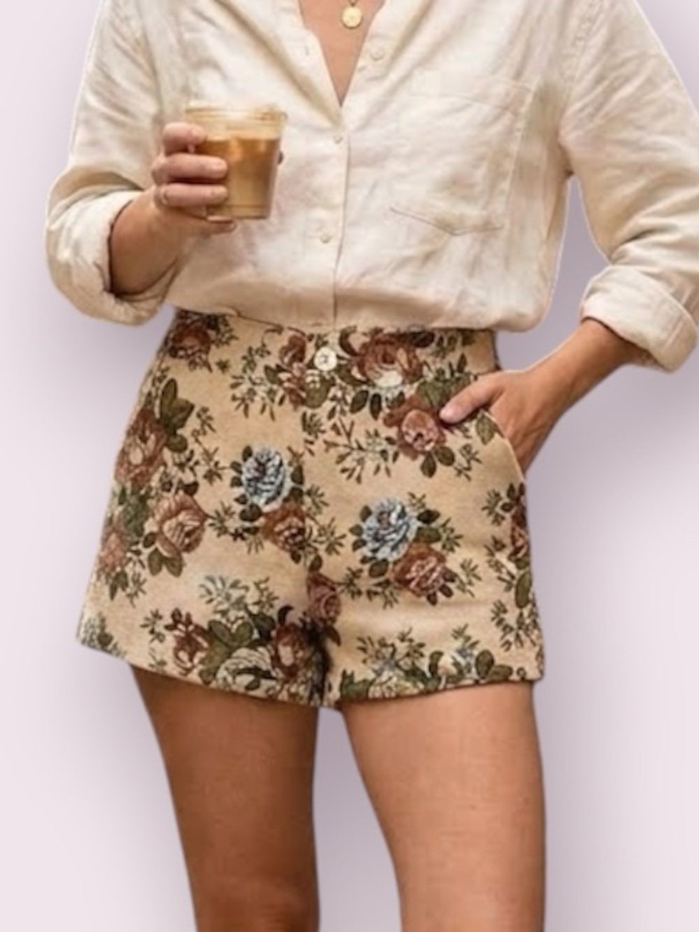 Cider Floral Tapestry Jacquard Mini Shorts Tan Rose Green Size Small - Picture 1 of 11